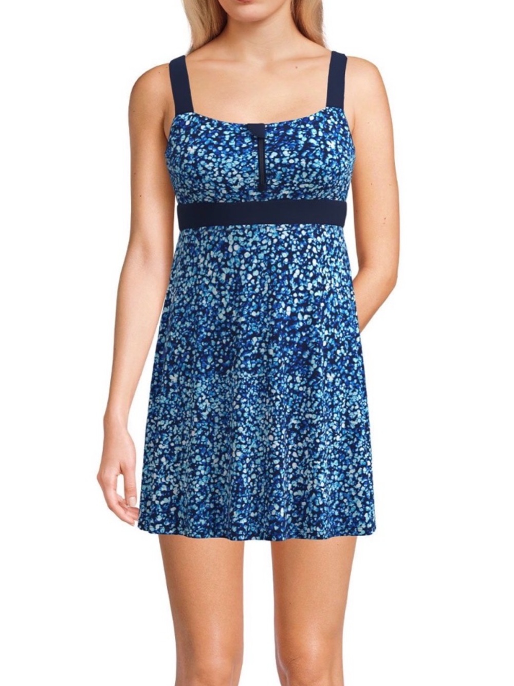 Lands' End Blue Floral One-Piece Swimdress with Navy Waistband
